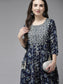 Ishin Women's Cotton Blend Navy Blue Embroidered Anarkali Kurta Trouser Set