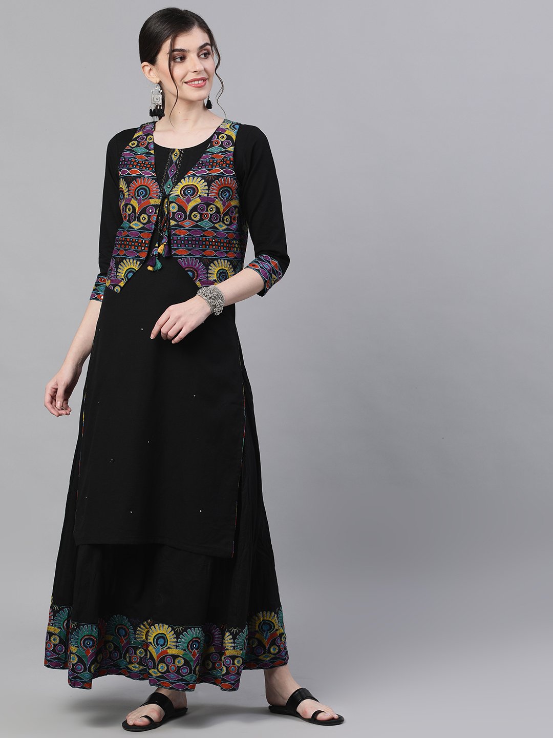 Ishin Women's Cotton Black Printed With Mirror Work Straight Kurta Sharara Set With Jacket