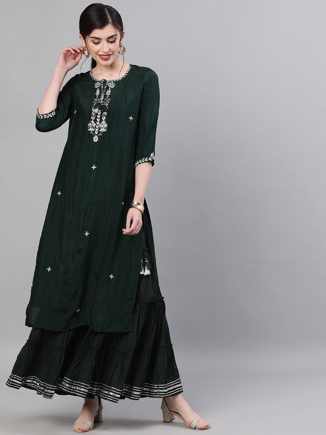 Ishin Women's Rayon Green Yoke Embellished Straight Kurta Sharara Set