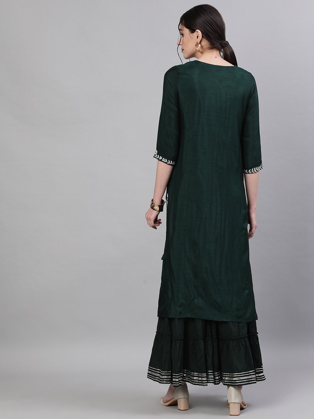 Ishin Women's Rayon Green Yoke Embellished Straight Kurta Sharara Set