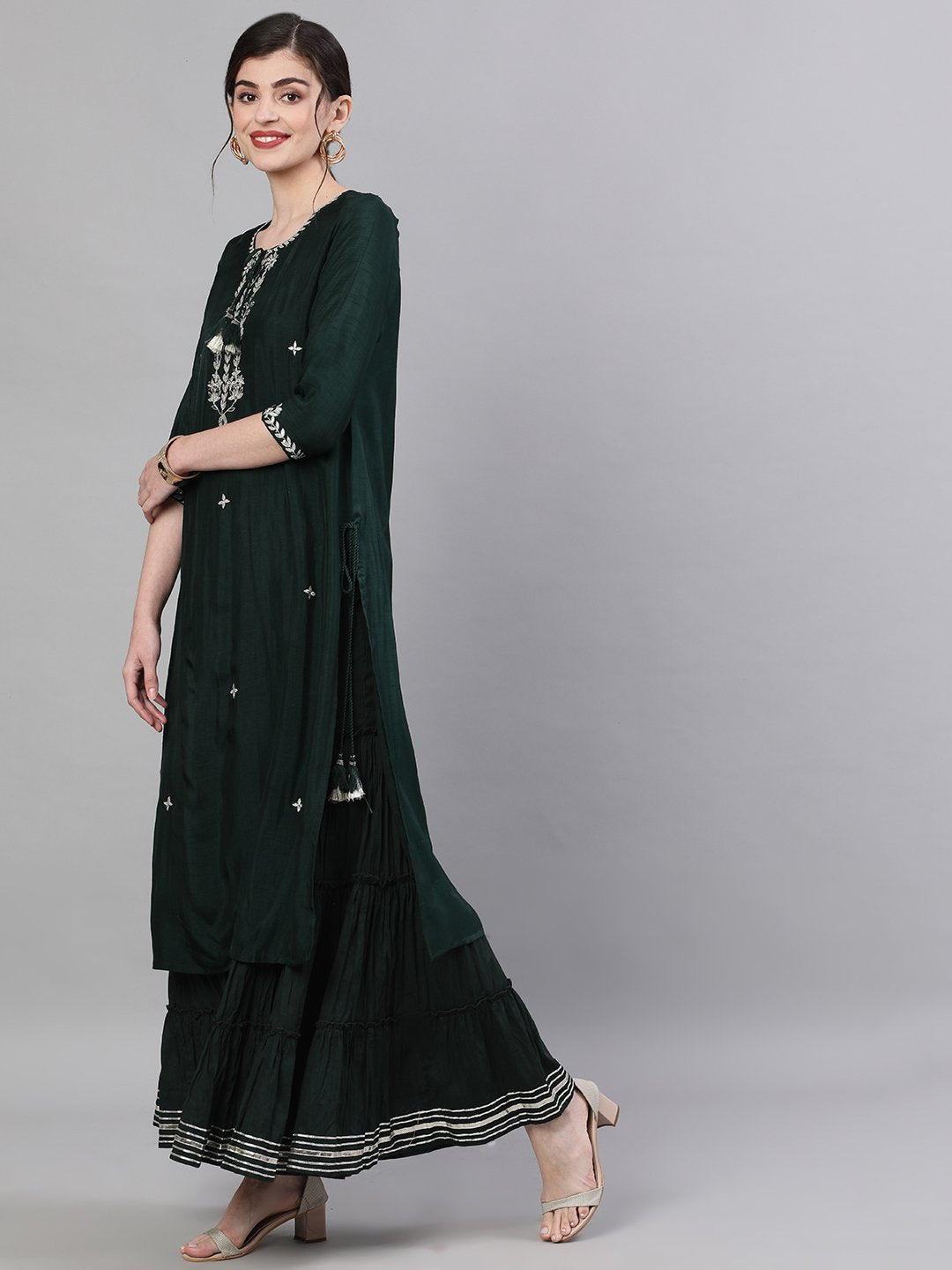 Ishin Women's Rayon Green Yoke Embellished Straight Kurta Sharara Set