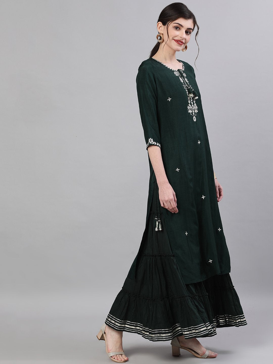 Ishin Women's Rayon Green Yoke Embellished Straight Kurta Sharara Set