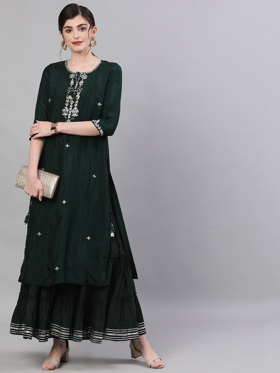 Ishin Women's Rayon Green Yoke Embellished Straight Kurta Sharara Set