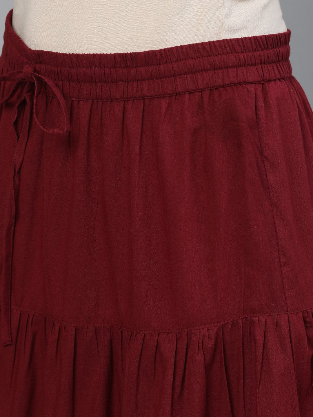 Ishin Women's Rayon Maroon Yoke Embroidered Straight Kurta Skirt Dupatta Set