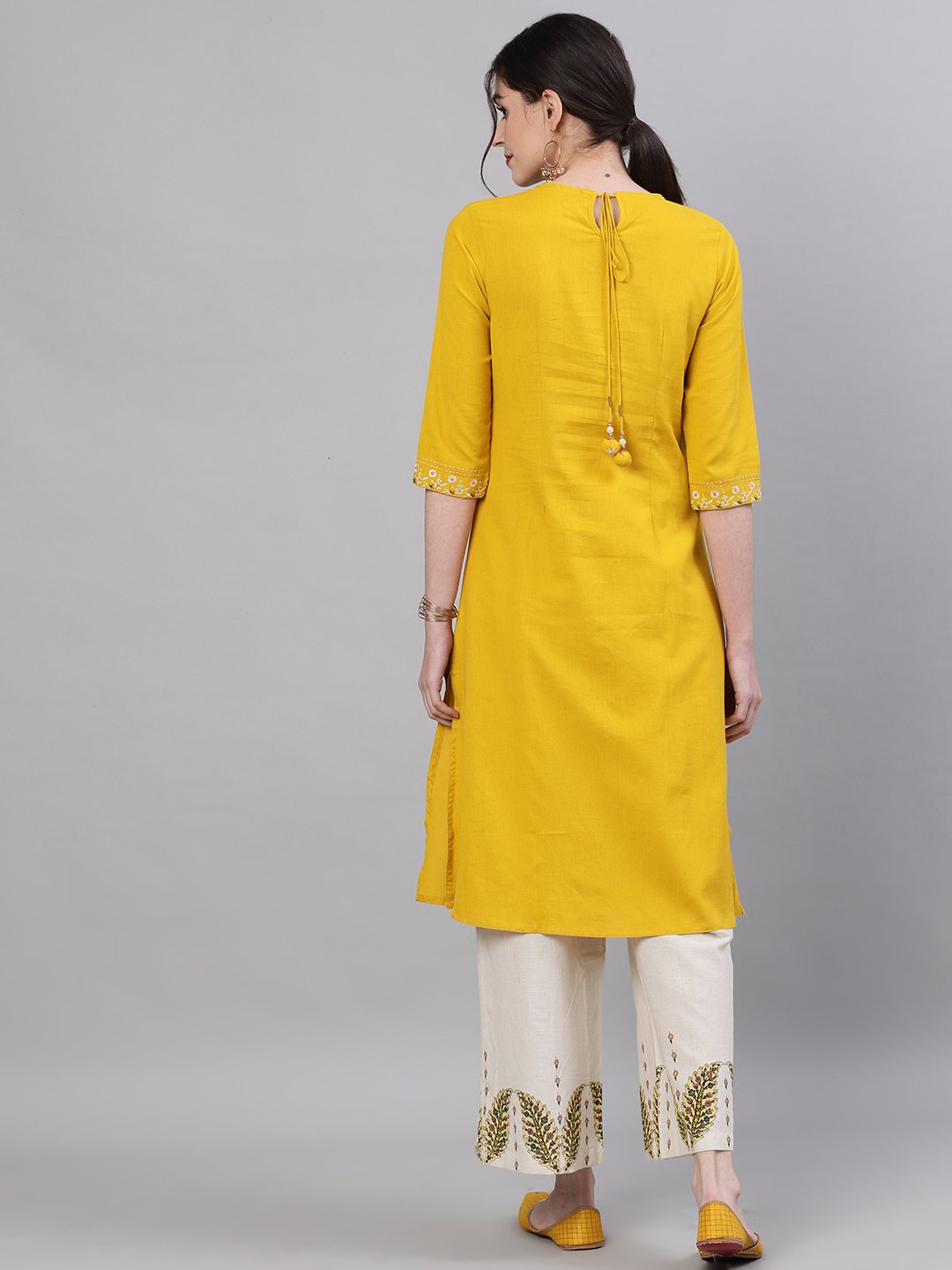 Ishin Women's Cotton Mustard Yoke Embroidered Straight Kurta Palazzo Set