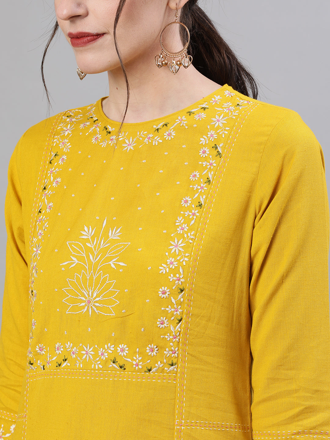Ishin Women's Cotton Mustard Yoke Embroidered Straight Kurta Palazzo Set