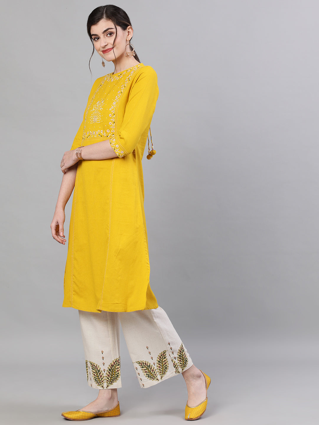 Ishin Women's Cotton Mustard Yoke Embroidered Straight Kurta Palazzo Set