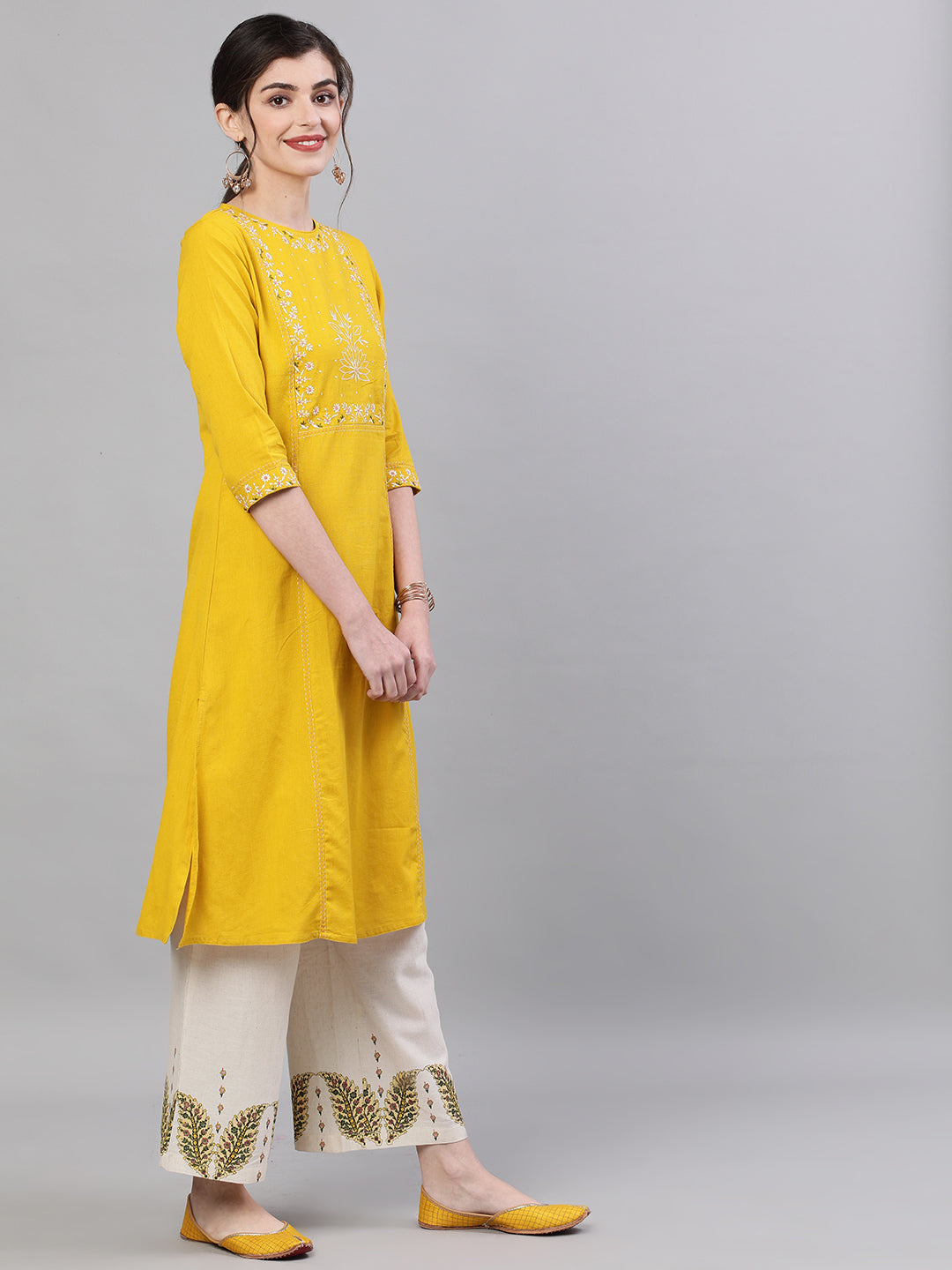 Ishin Women's Cotton Mustard Yoke Embroidered Straight Kurta Palazzo Set