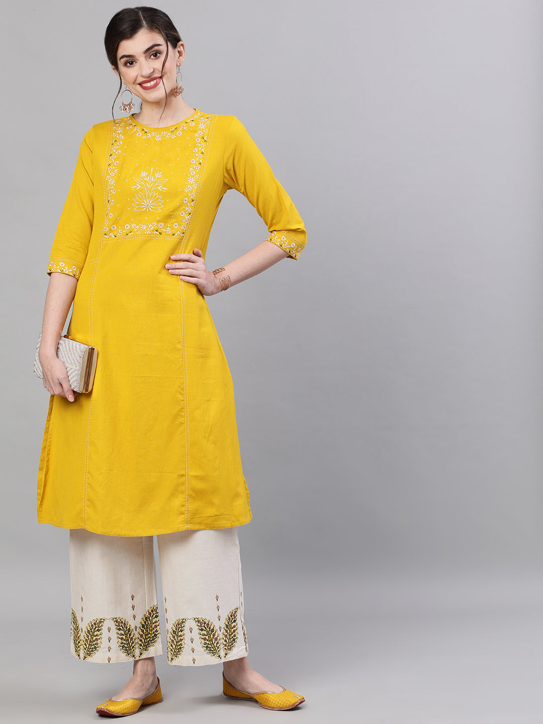Ishin Women's Cotton Mustard Yoke Embroidered Straight Kurta Palazzo Set