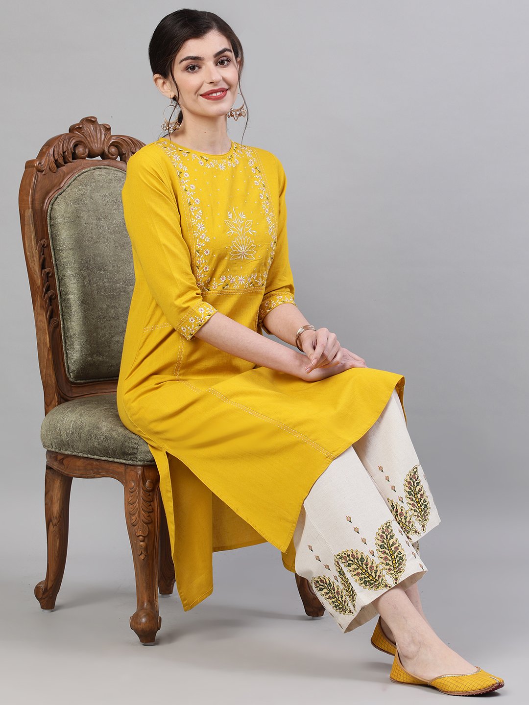 Ishin Women's Cotton Mustard Yoke Embroidered Straight Kurta Palazzo Set