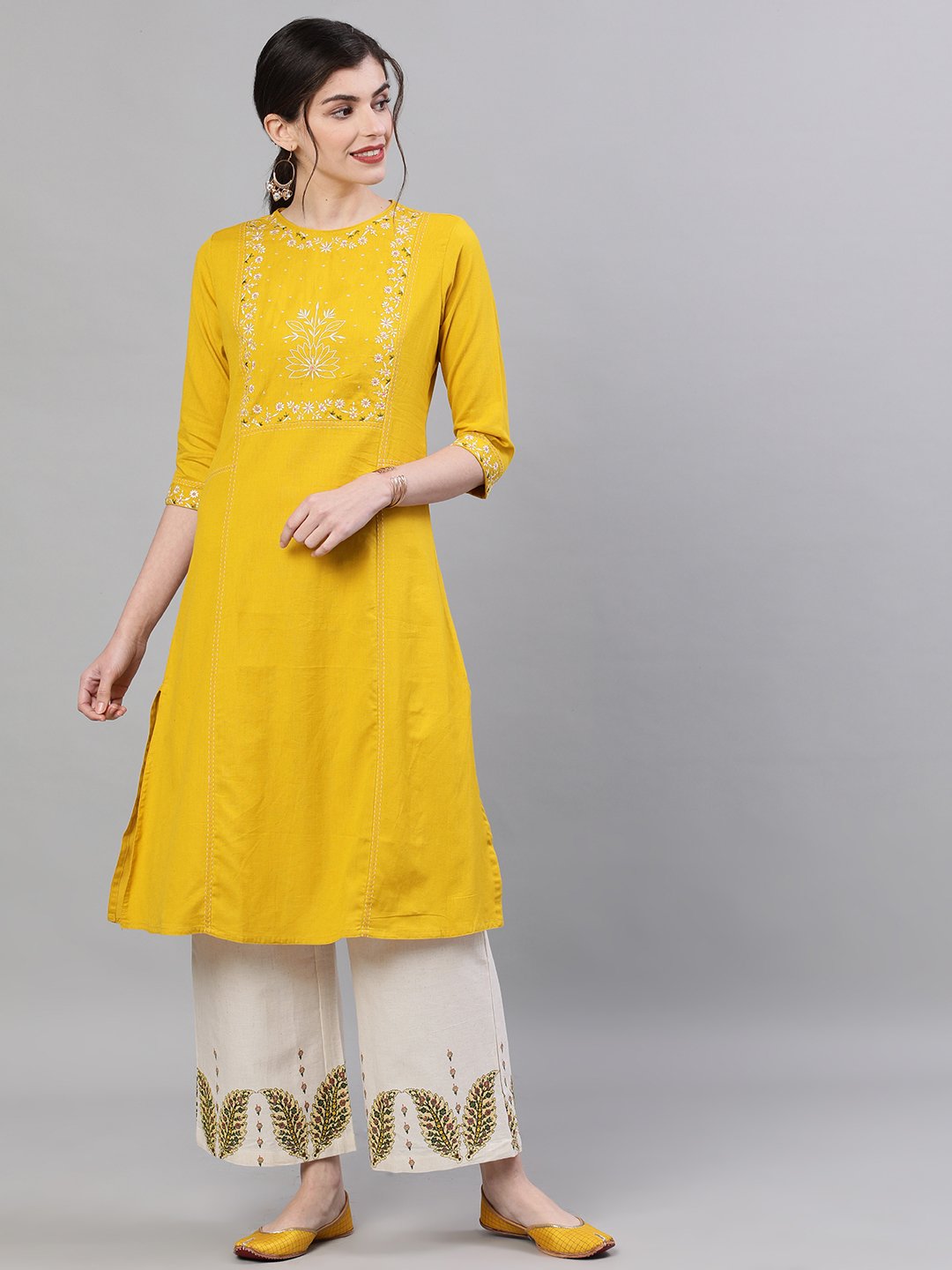 Ishin Women's Cotton Mustard Yoke Embroidered Straight Kurta Palazzo Set