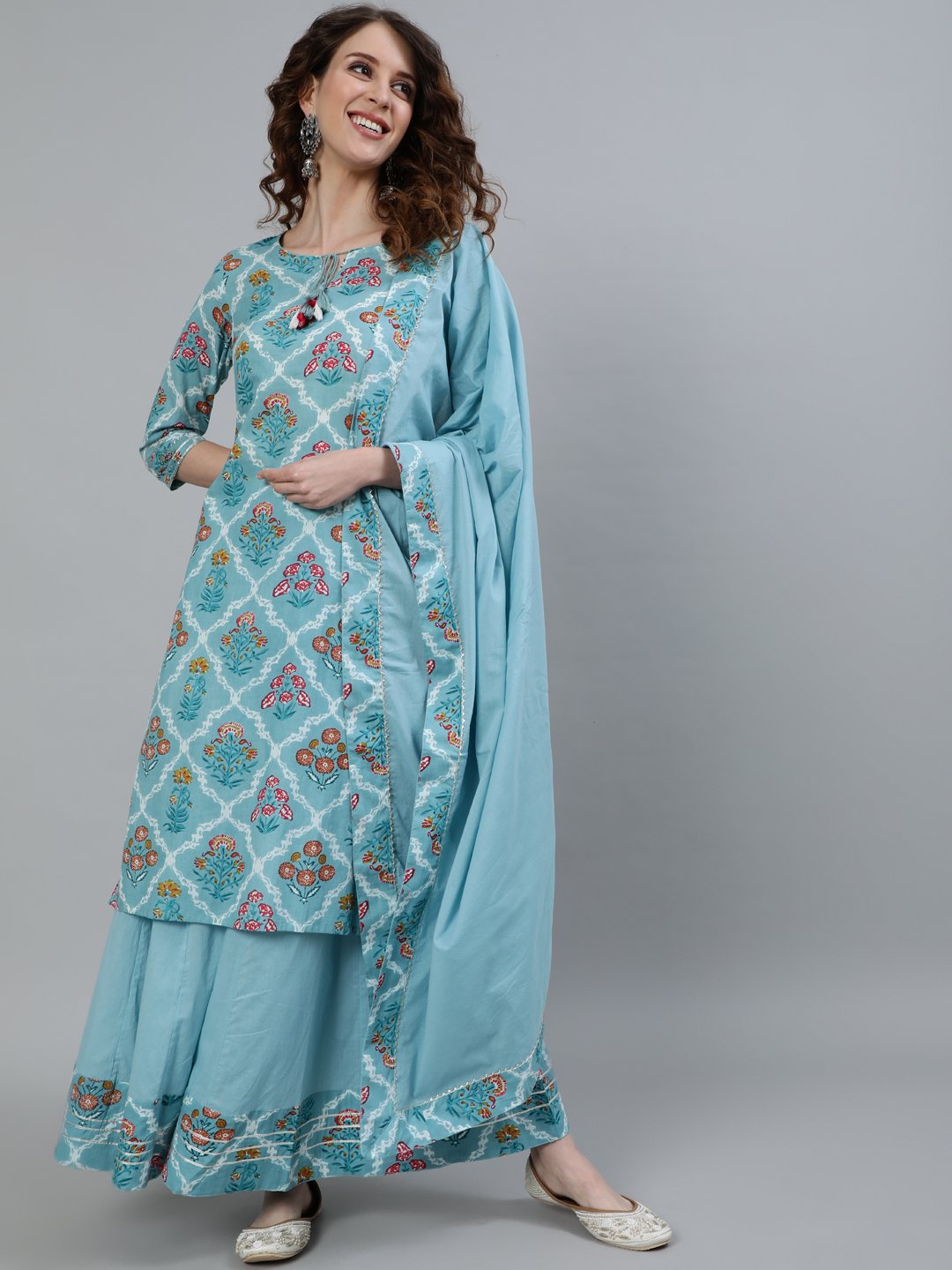 Ishin Women's Cotton Blue Printed A-Line Kurta Sharara Dupatta Set