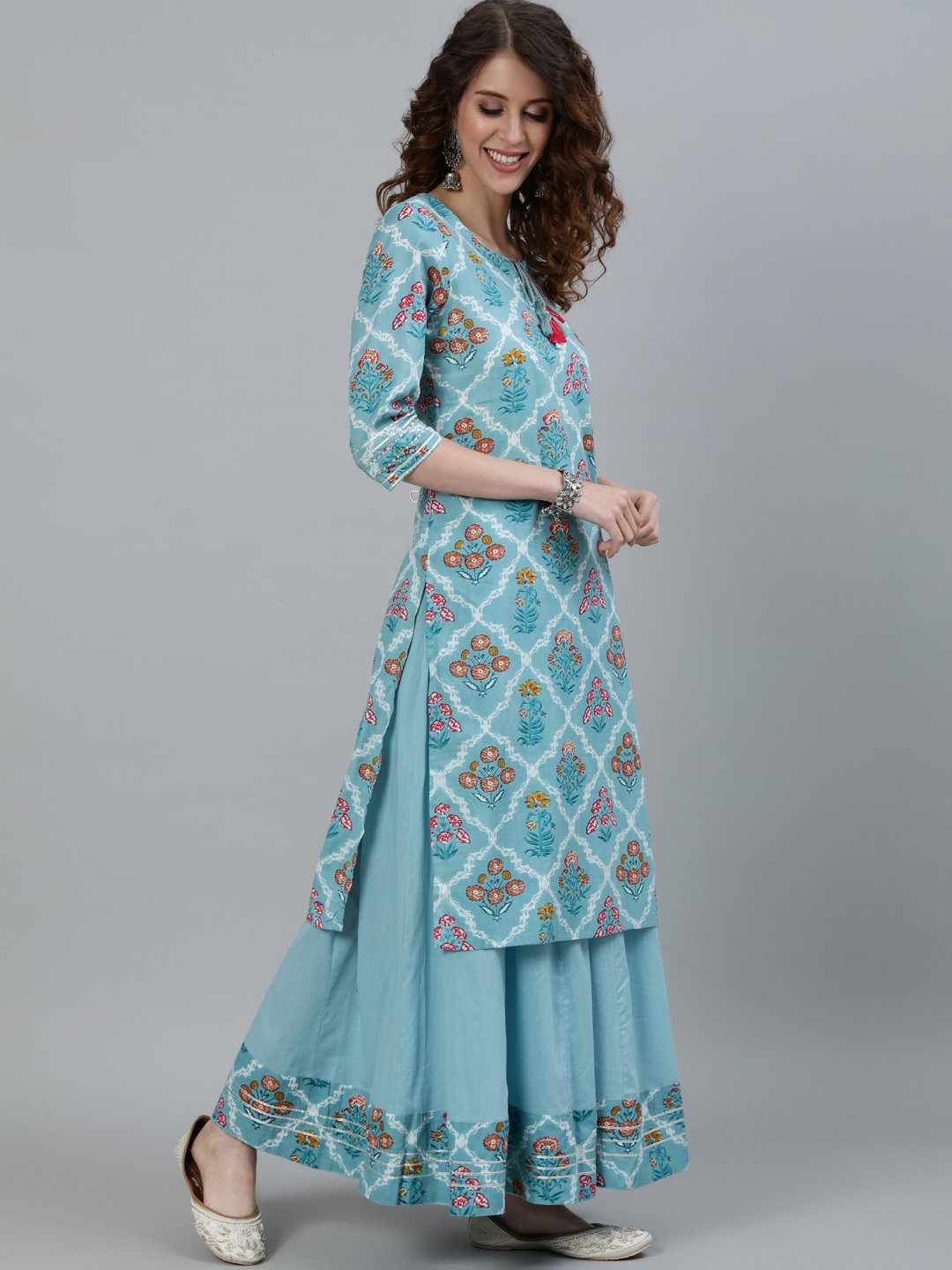 Ishin Women's Cotton Blue Printed A-Line Kurta Sharara Dupatta Set