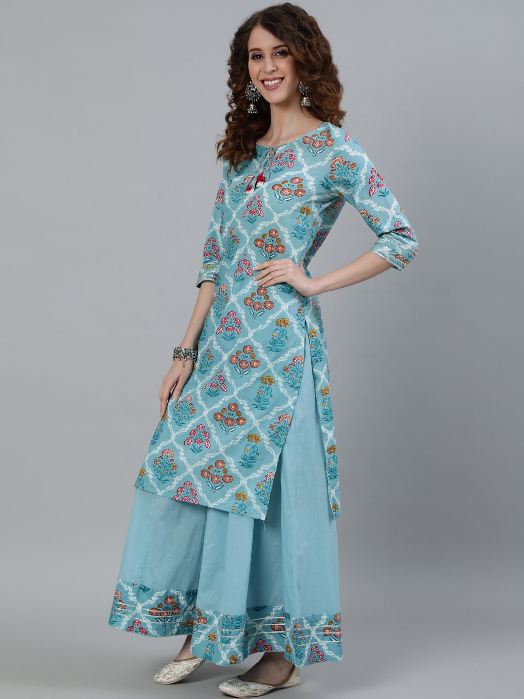 Ishin Women's Cotton Blue Printed A-Line Kurta Sharara Dupatta Set