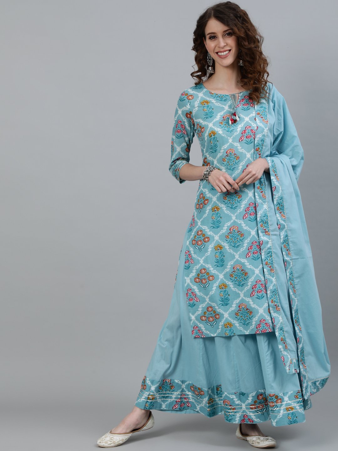 Ishin Women's Cotton Blue Printed A-Line Kurta Sharara Dupatta Set