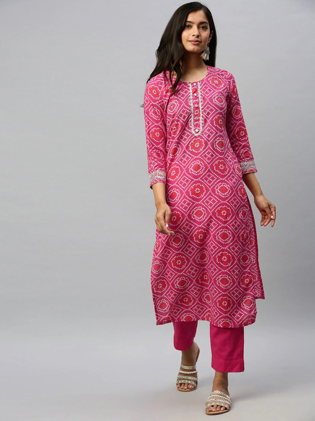 Ishin Women's Rayon Pink Bandhani Printed Straight Kurta Trouser Set