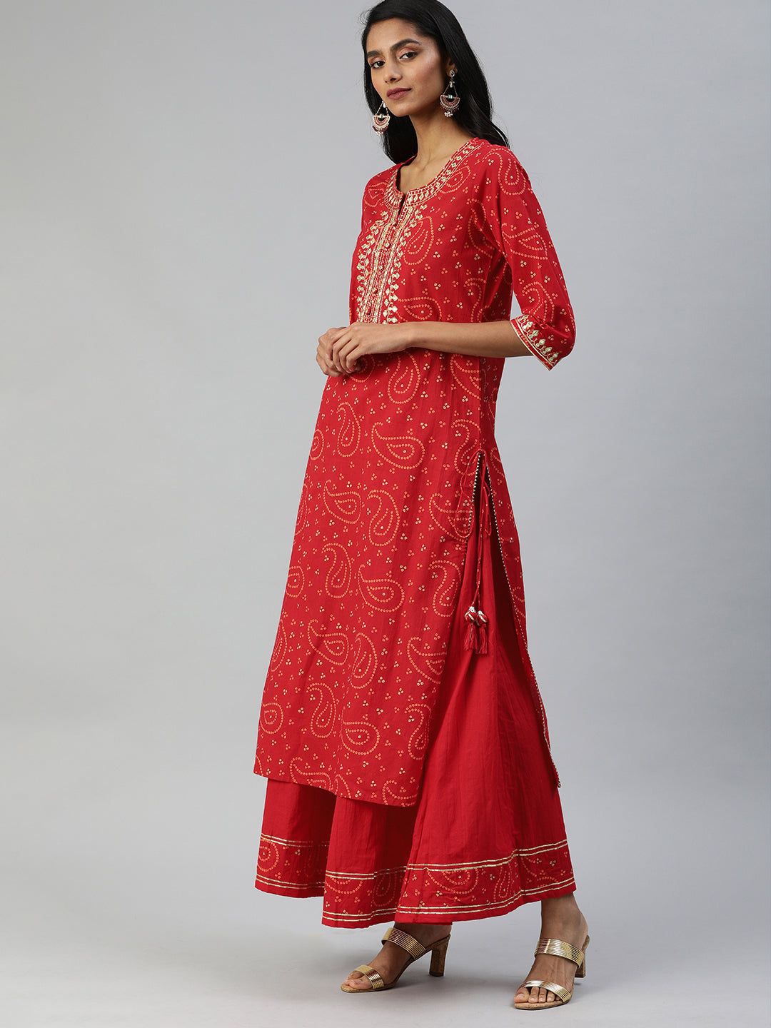 Ishin Women's Cotton Red Bandhani Print Embellished Straight Kurta Sharara Set