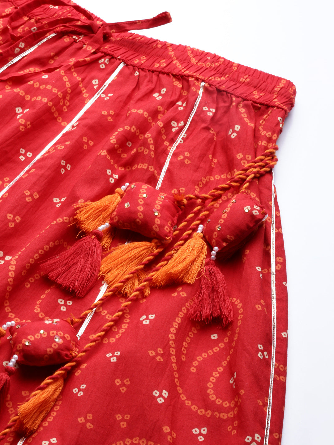 Ishin Women's Cotton Red Bandhani Print Embellished Crop Top With Skirt
