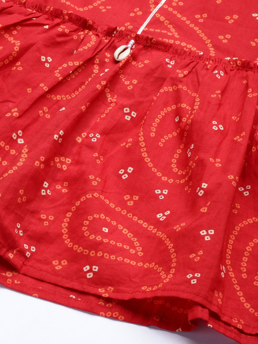 Ishin Women's Cotton Red Bandhani Print Embellished Crop Top With Skirt