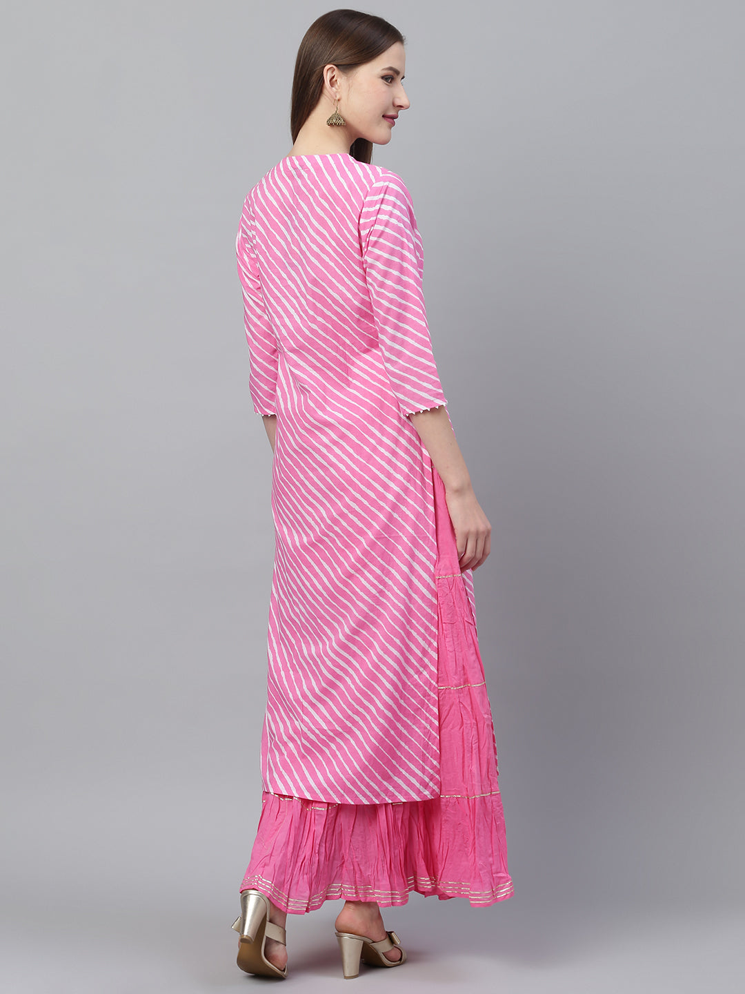 Ishin Women's Cotton Pink Leheriya Print Gota Patti Embellished A-Line Kurta Skirt Set