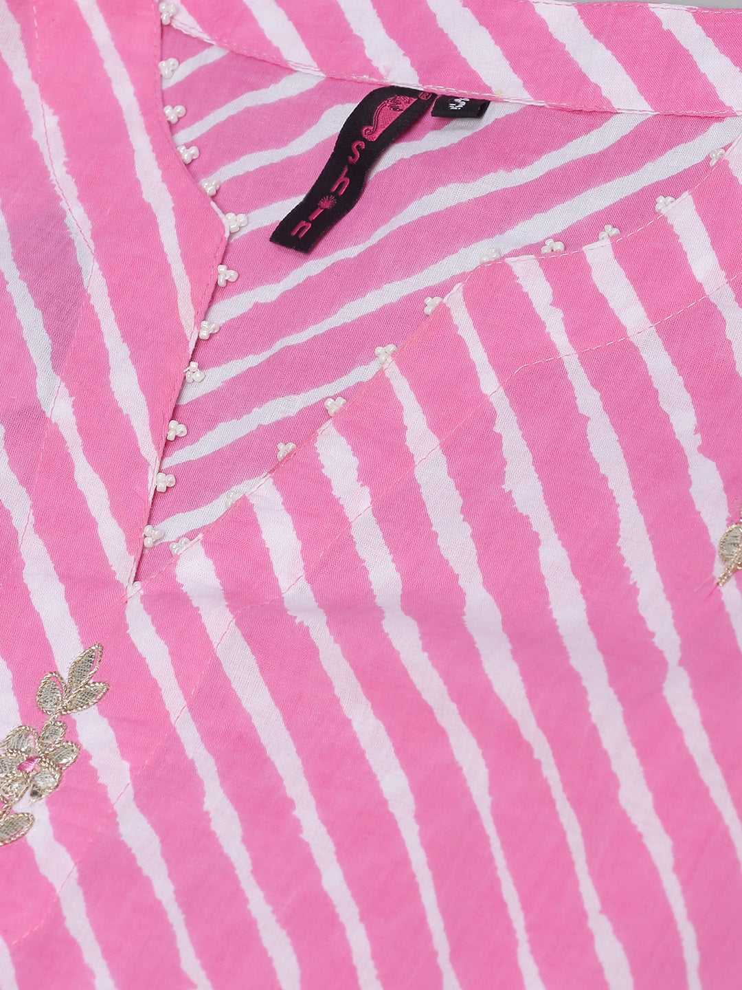Ishin Women's Cotton Pink Leheriya Print Gota Patti Embellished A-Line Kurta Skirt Set