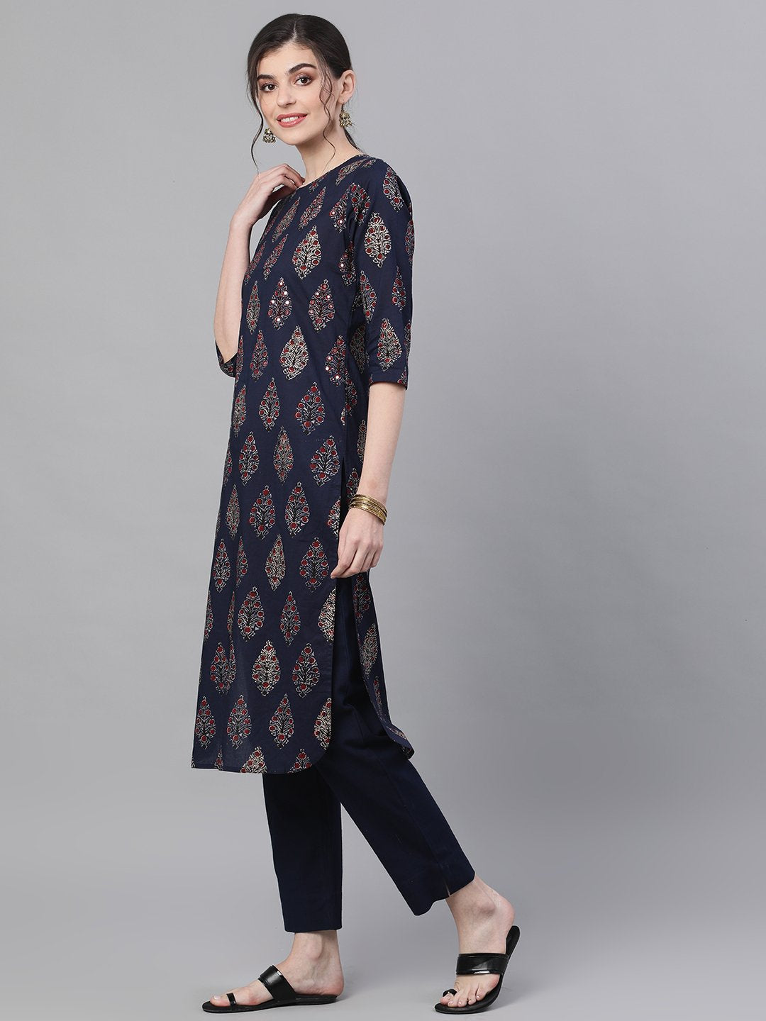 Ishin Women's Cotton Navy Blue Printed With Mirror Work Straight Kurta Trouser Set