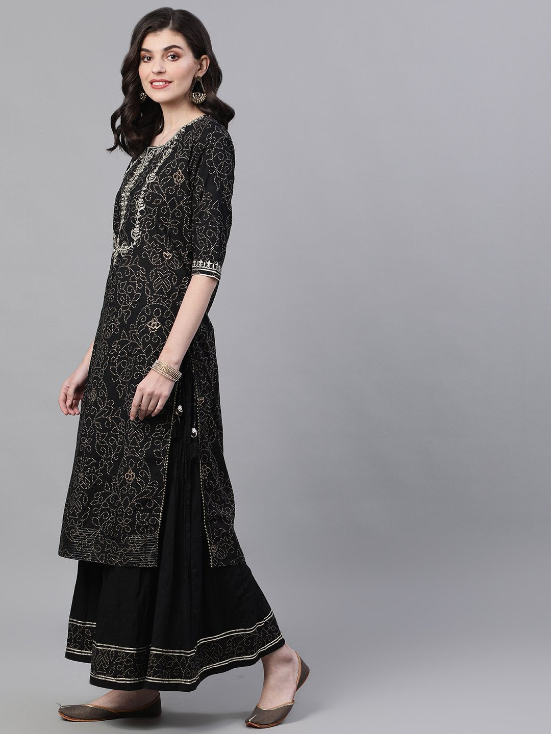 Ishin Women's Cotton Black Embroidered A-Line Kurta Sharara Set