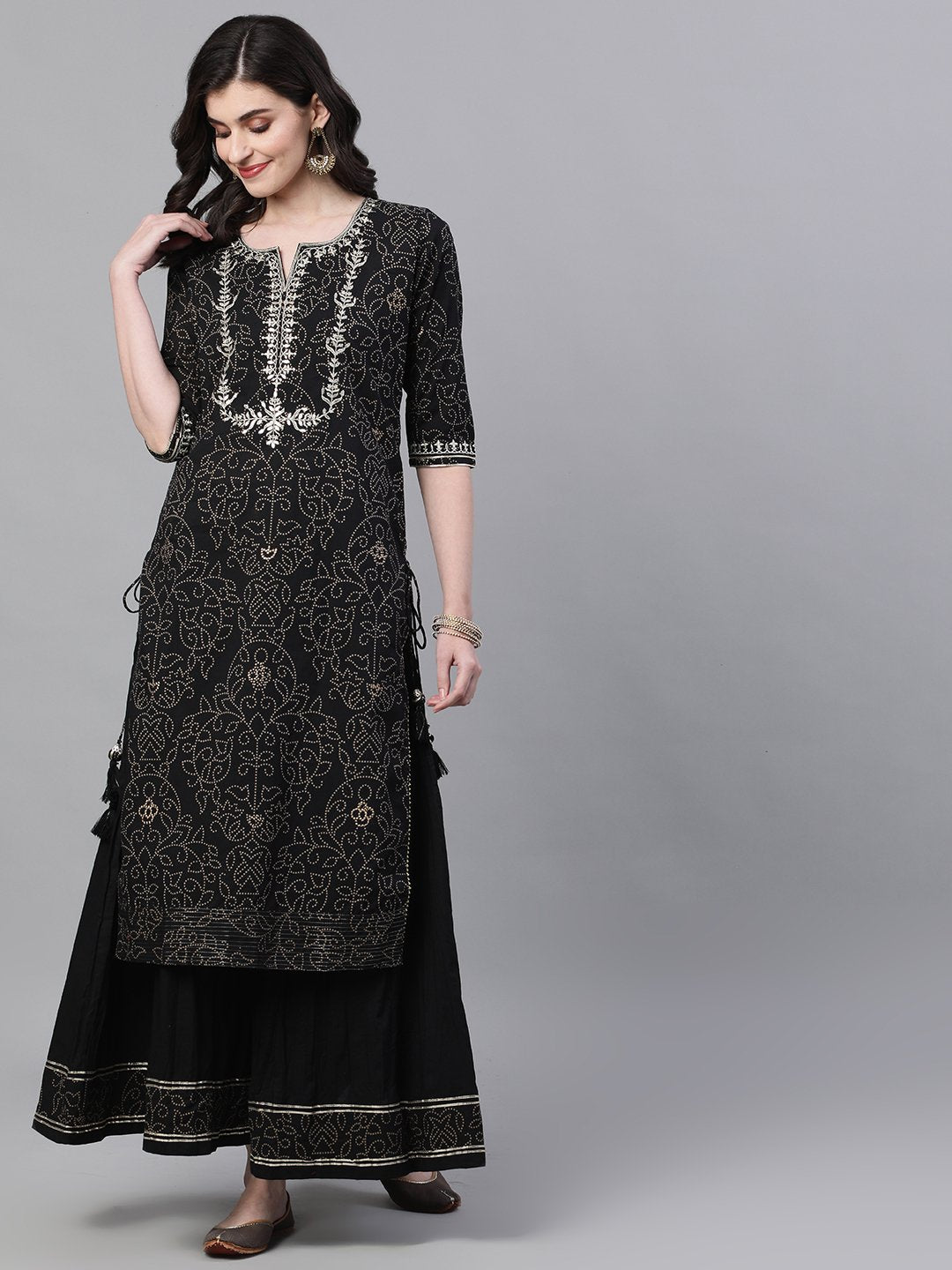 Ishin Women's Cotton Black Embroidered A-Line Kurta Sharara Set