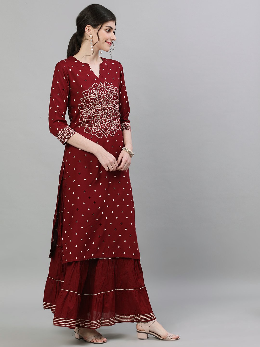 Ishin Women's Rayon Brown Bandhani Embellished Straight Kurta Skirt Set