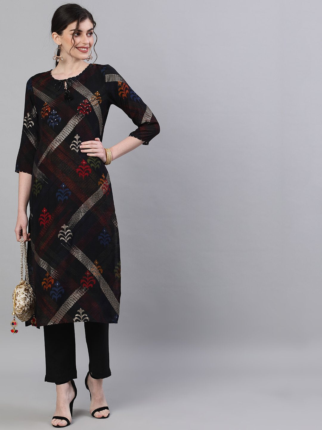Ishin Women's Rayon Black Foil Printed Straight Kurta Trouser Set