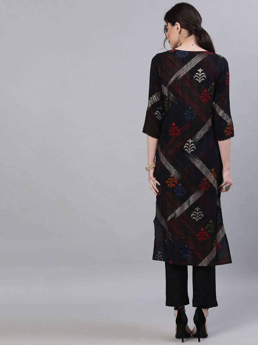 Ishin Women's Rayon Black Foil Printed Straight Kurta Trouser Set