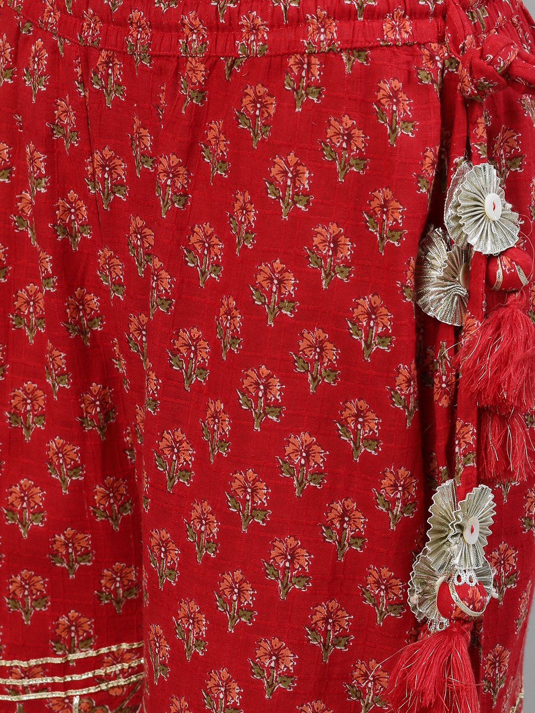 Ishin Women's Cotton Red Embellished Peplum Kurta Sharara Set