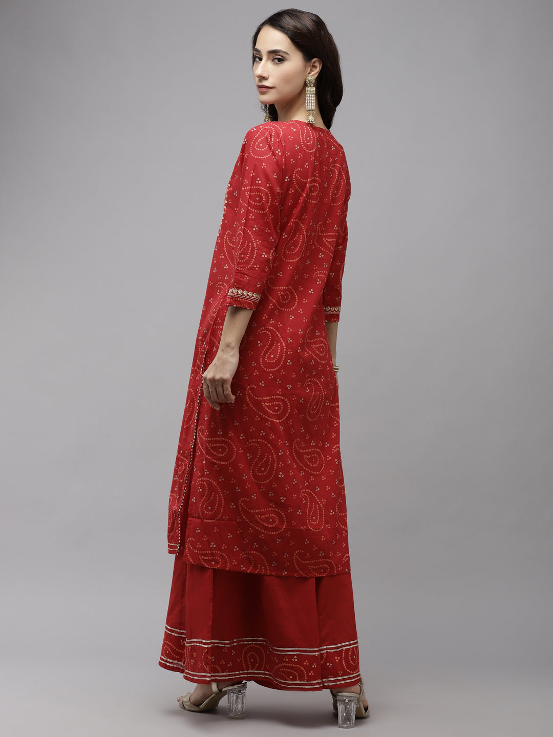 Ishin Women's Cotton Red Bandhani Embellished Straight Kurta Sharara Set
