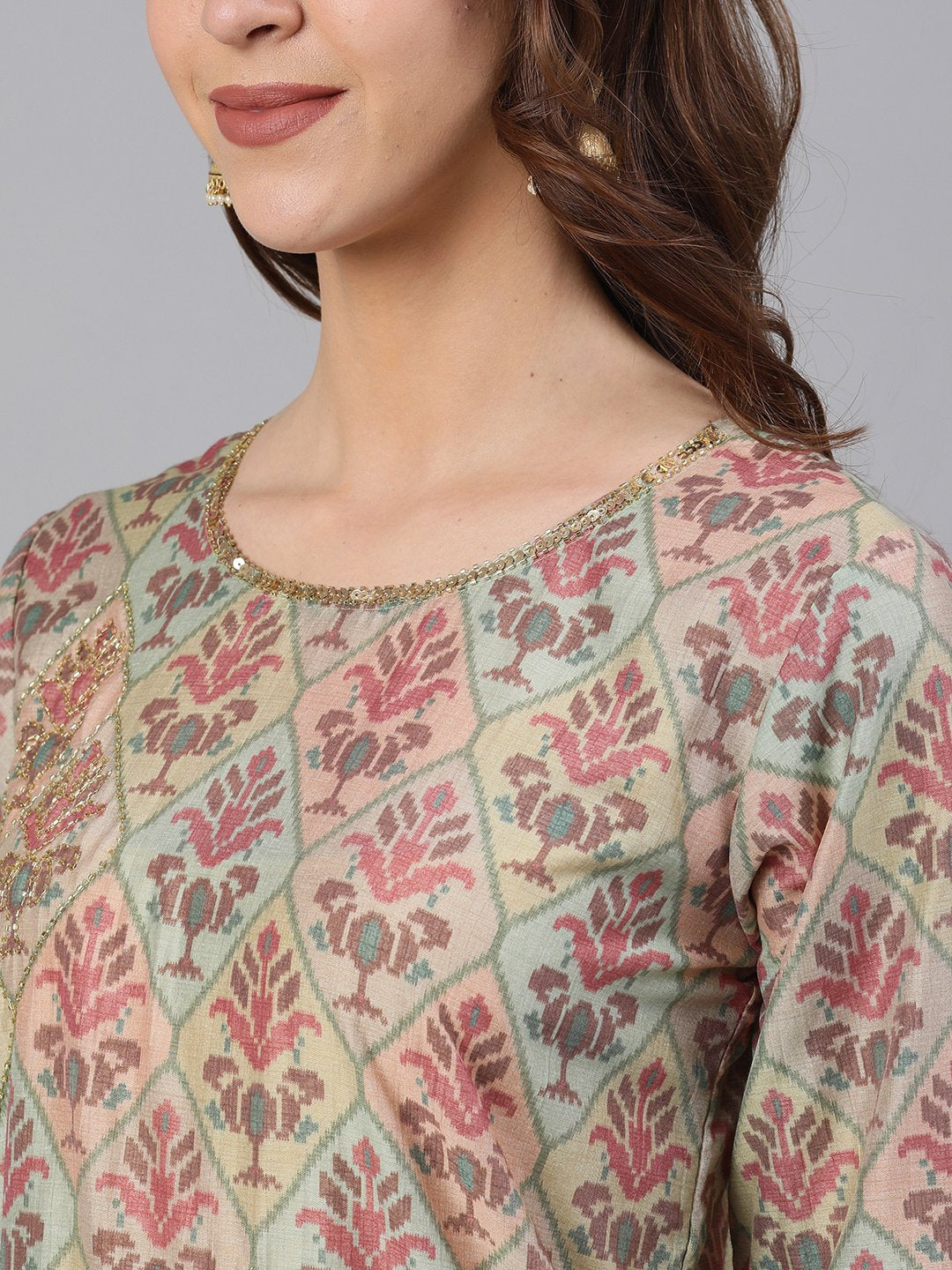 Ishin Women's Silk Green Embroidered A-Line Kurta Trouser Set