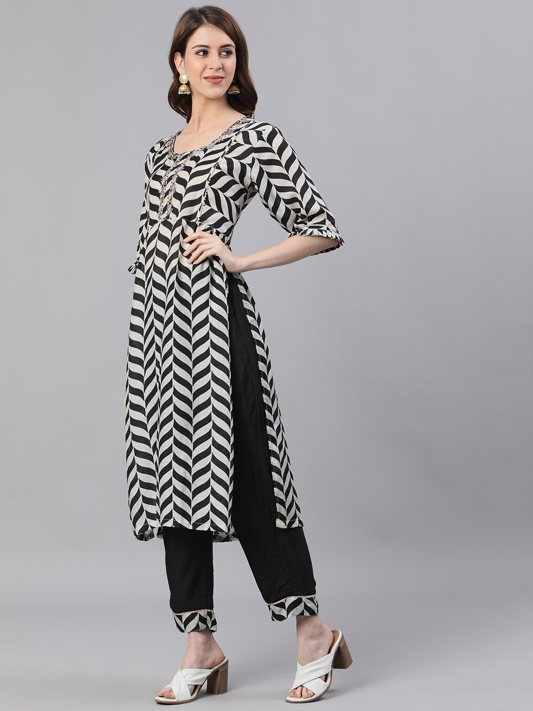 Ishin Women's Silk White & Black Embroidered A-Line Kurta Trouser Set
