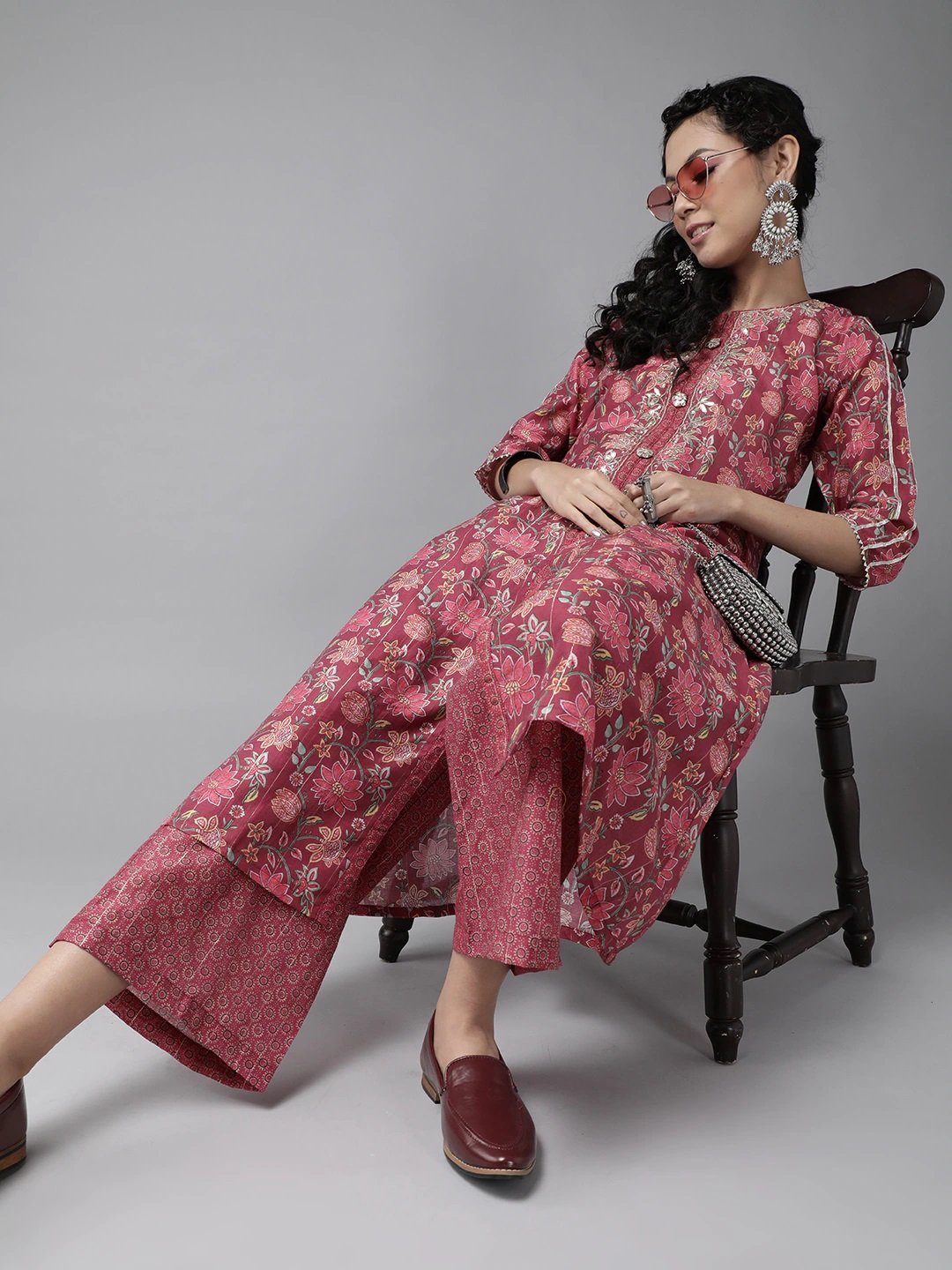 Ishin Women's Silk Pink Lurex Embroidered A-Line Kurta Palazzo Set