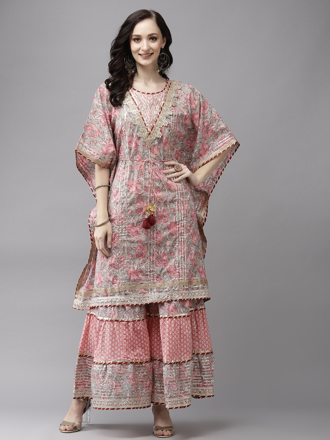 Ishin Women's Green & Pink Zari Embroidered Kaftan Kurta With Sharara