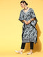 Ishin Women's Cotton Grey & Black Embroidered Kaftan Kurta Trouser Set