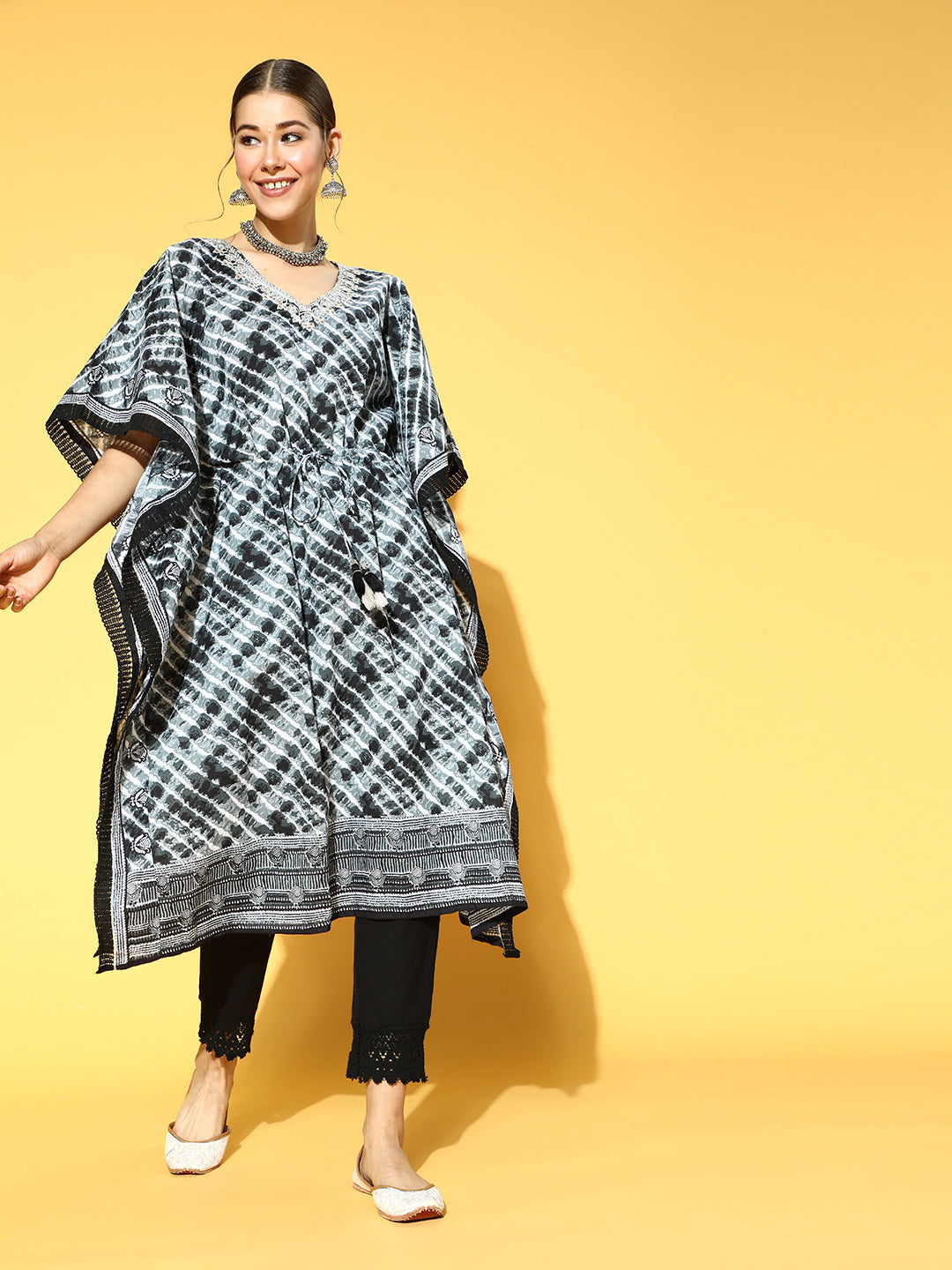 Ishin Women's Cotton Grey & Black Embroidered Kaftan Kurta Trouser Set