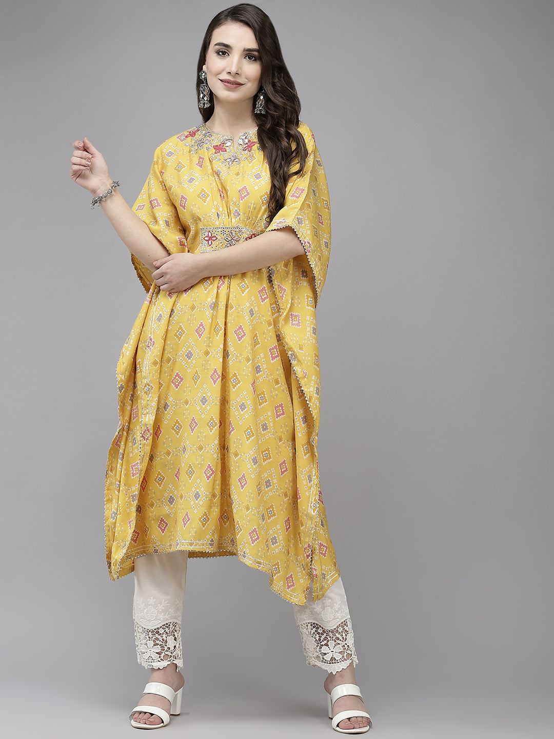 Ishin Women's Yellow Embroidered Kaftan with Trouser