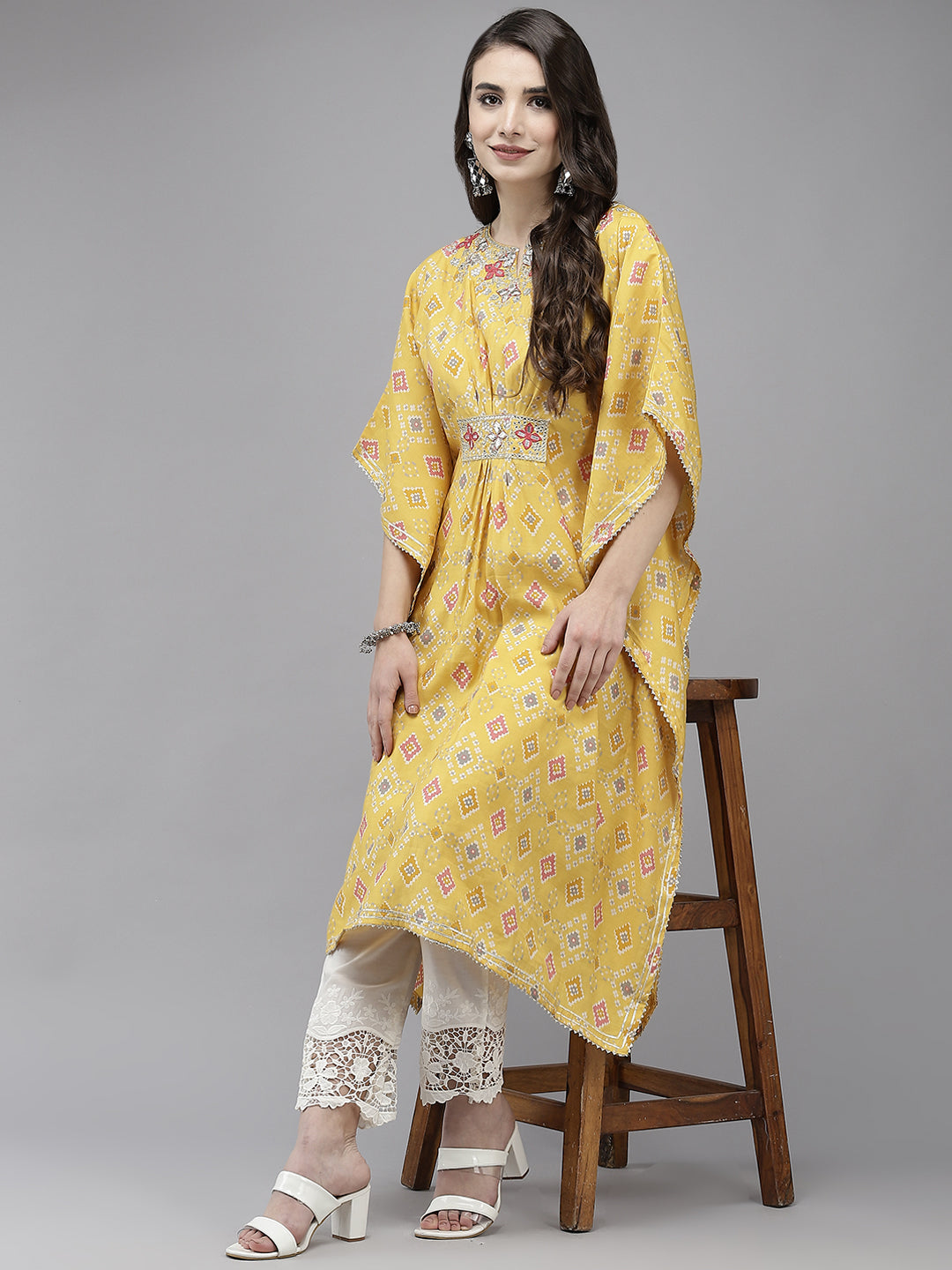 Ishin Women's Yellow Embroidered Kaftan with Trouser