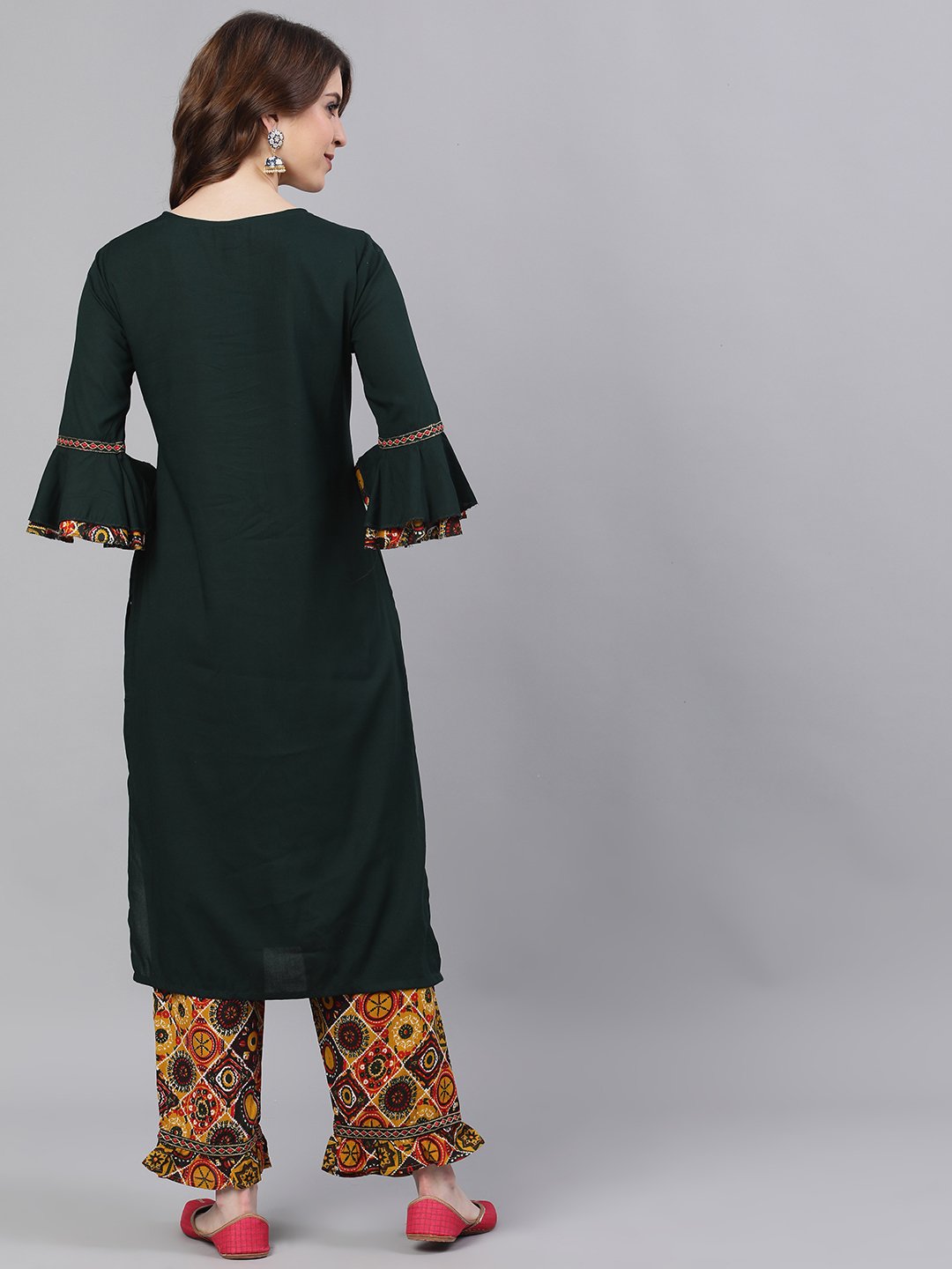 Ishin Women's Rayon Green & Mustard Zari Embroidered A-Line Kurta Trouser Set