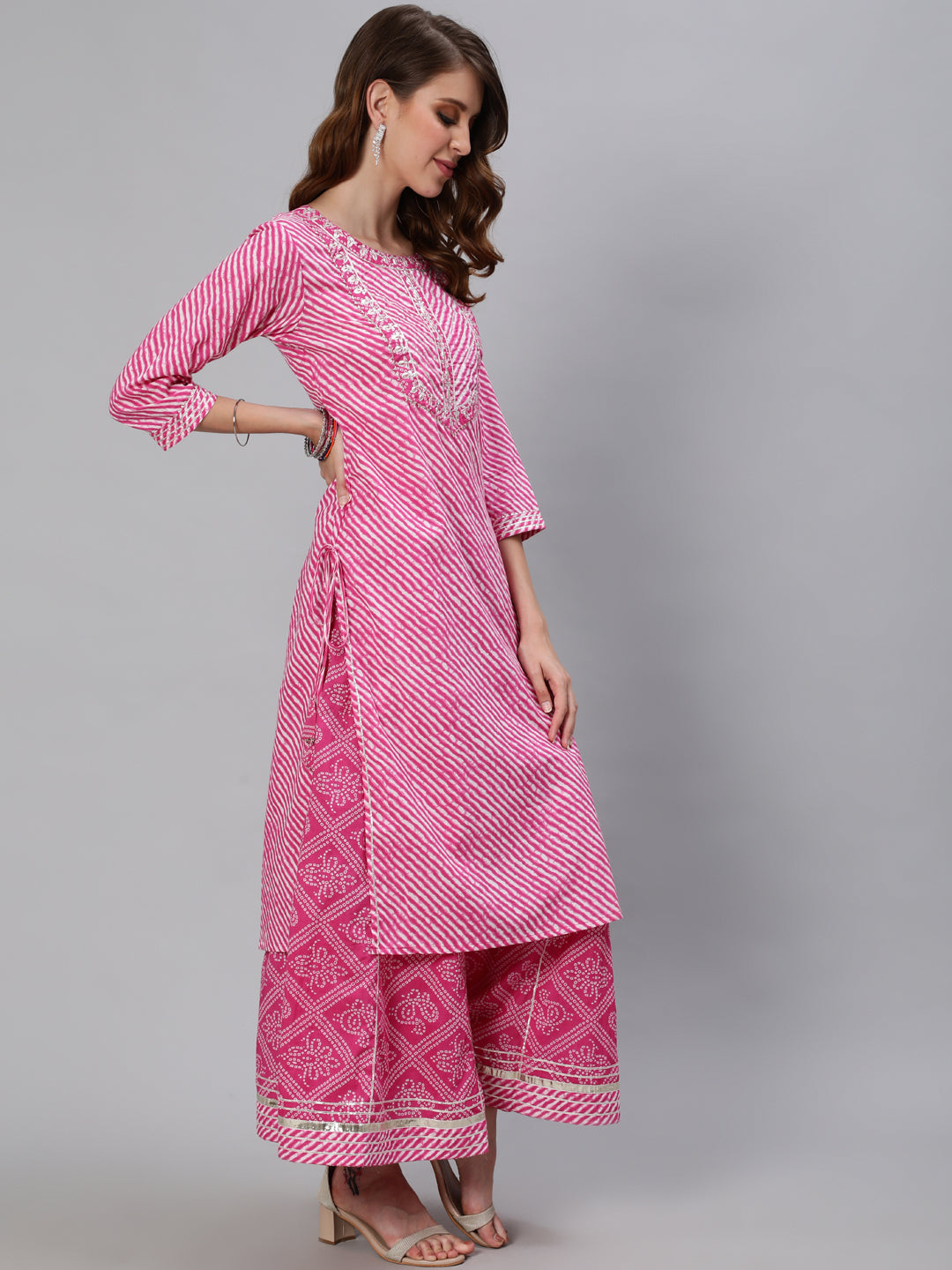 Ishin Women's Cotton Pink Embroidered A-Line Leheriya Kurta Sharara Set