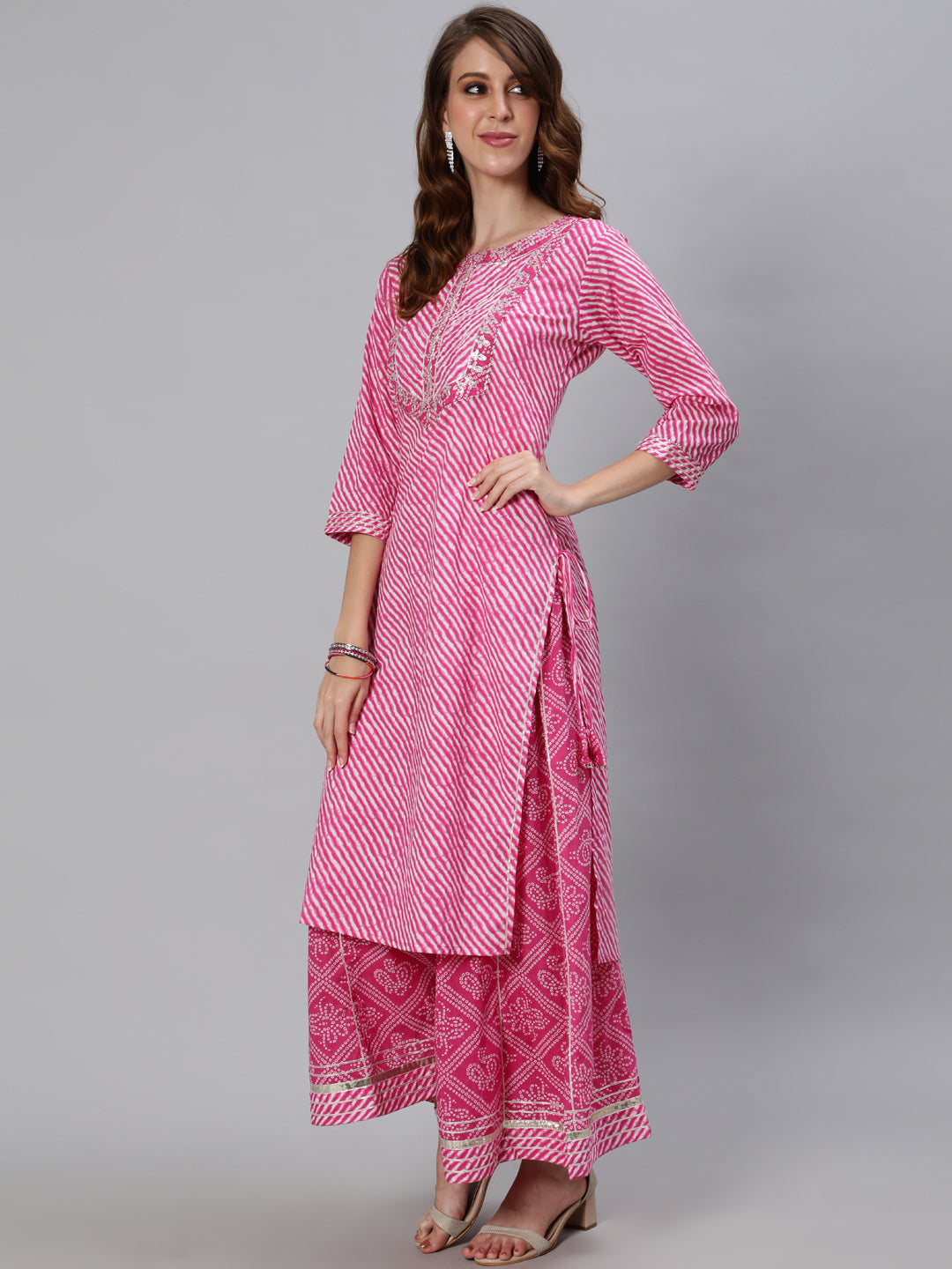 Ishin Women's Cotton Pink Embroidered A-Line Leheriya Kurta Sharara Set