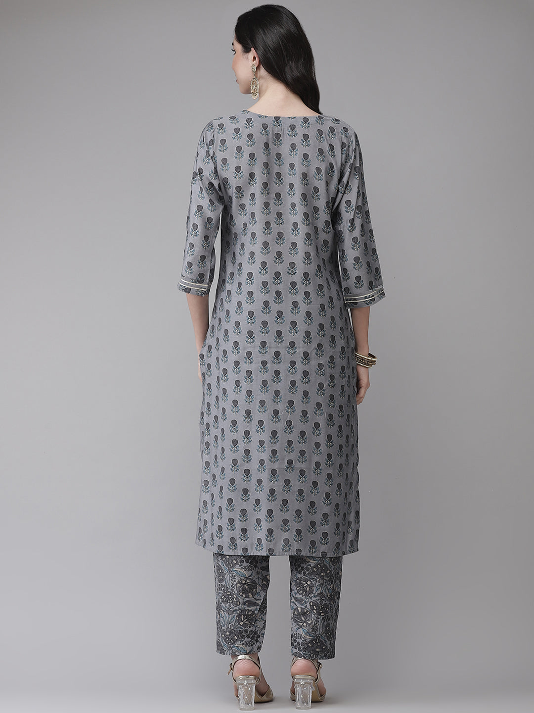 Ishin Women's Silk Blend Grey Printed A-Line Kurta Trouser Set