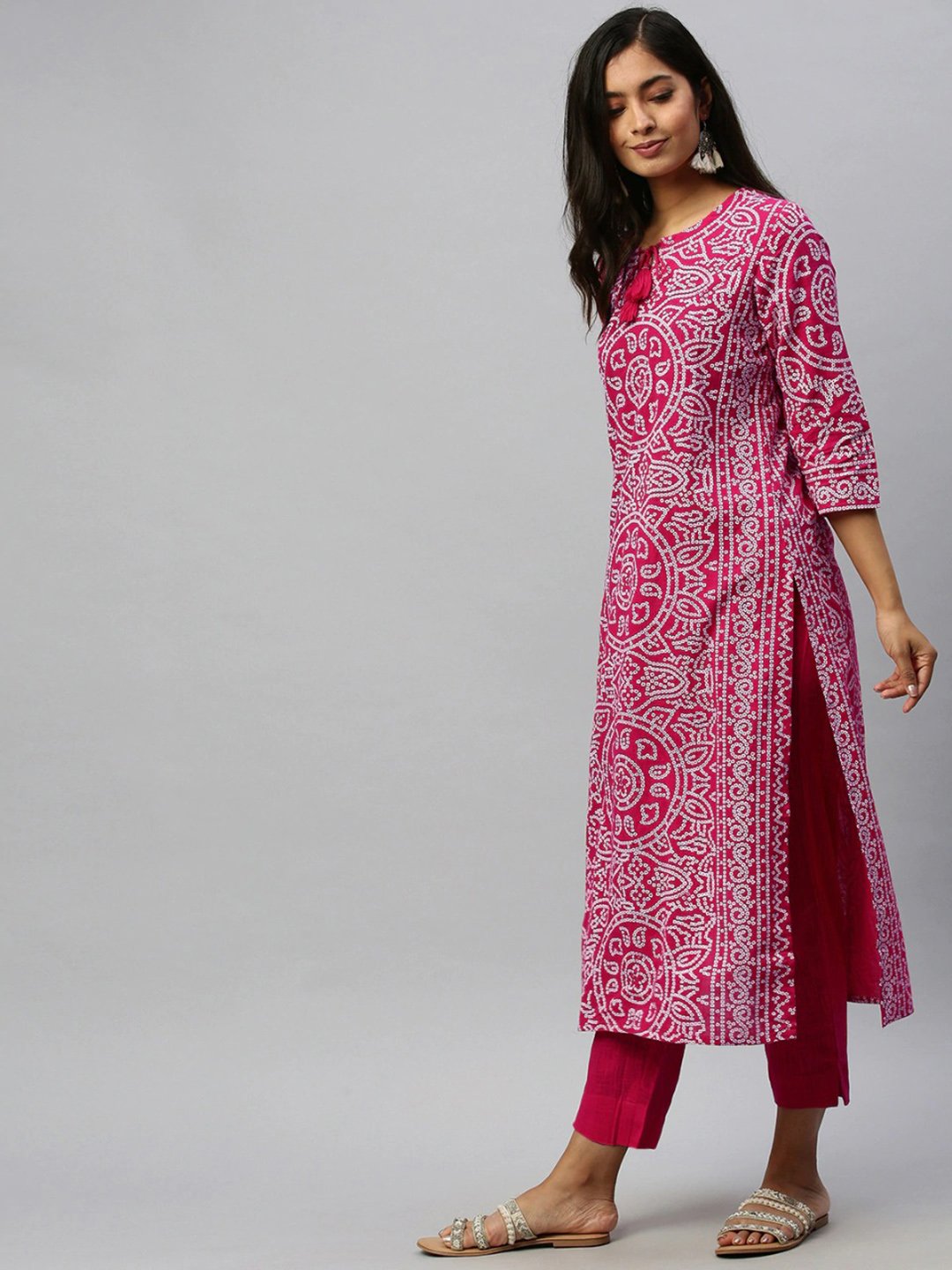 Ishin Women's Cotton Pink Printed Straight Kurta Trouser Set