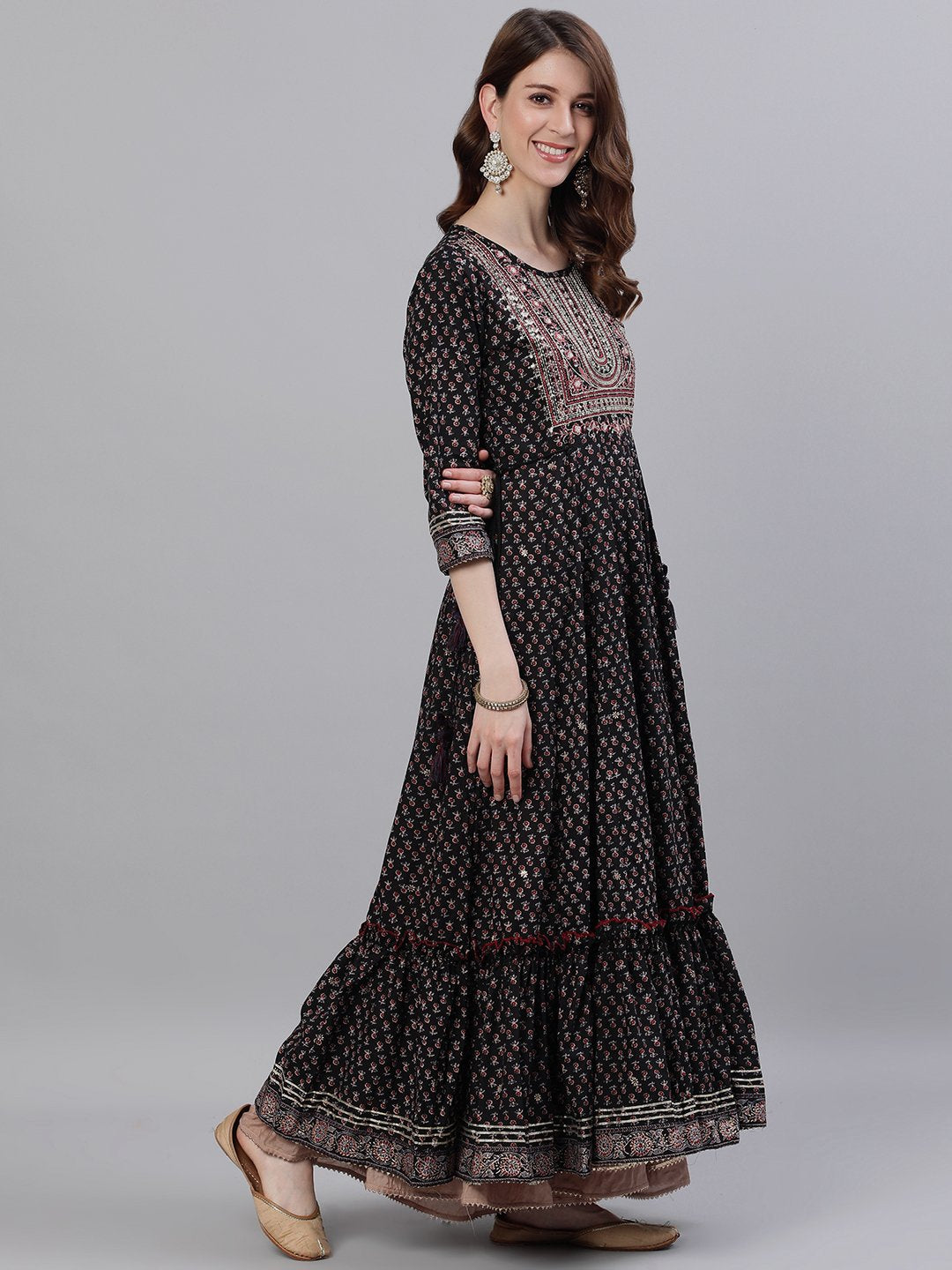 Graceful Black cotton printed with Zari embroidery Tiered dress
