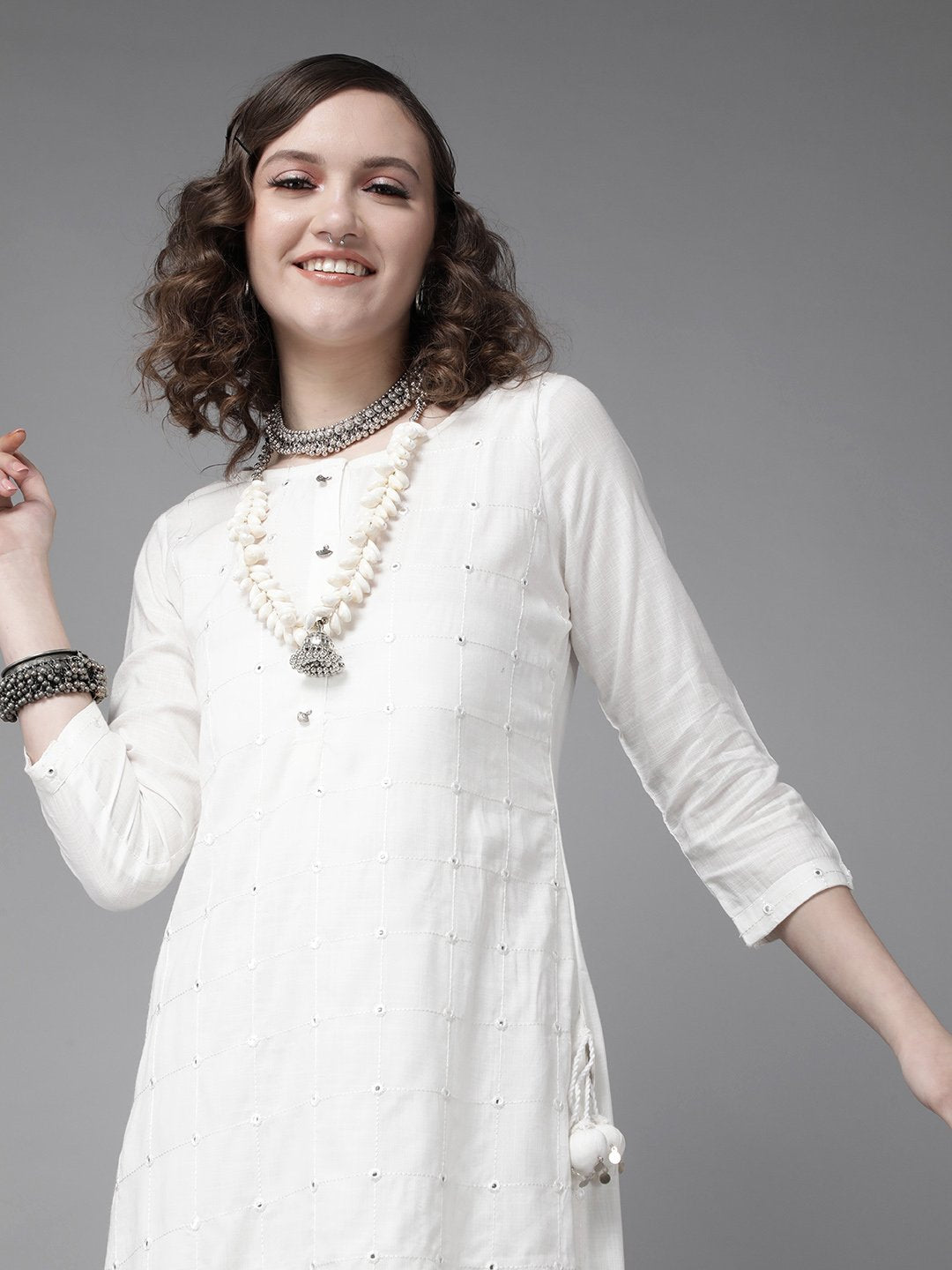 Ishin Women's Rayon White Embellished A-Line Kurta