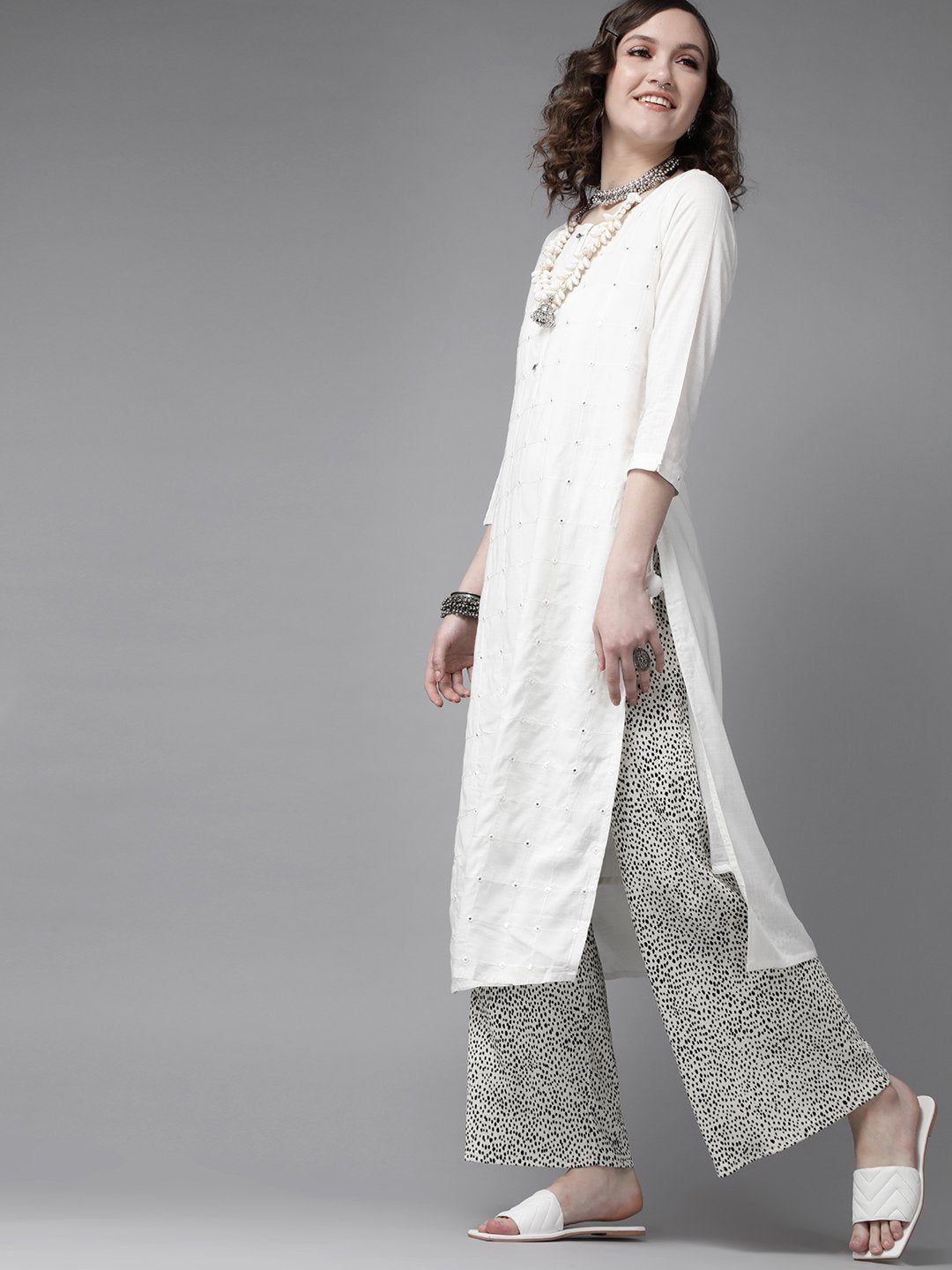 Ishin Women's Rayon White Embellished A-Line Kurta