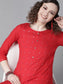 Ishin Women's Rayon Red Embellished A-Line Kurta
